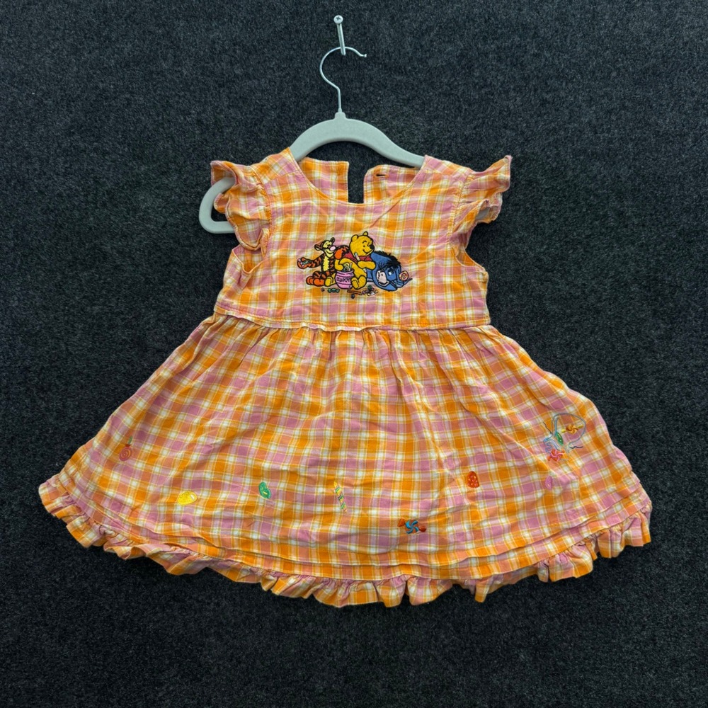 Vintage Disney Store Winnie Pooh Tigger Eeyore Plaid Dress 18M 90s Rare Orange